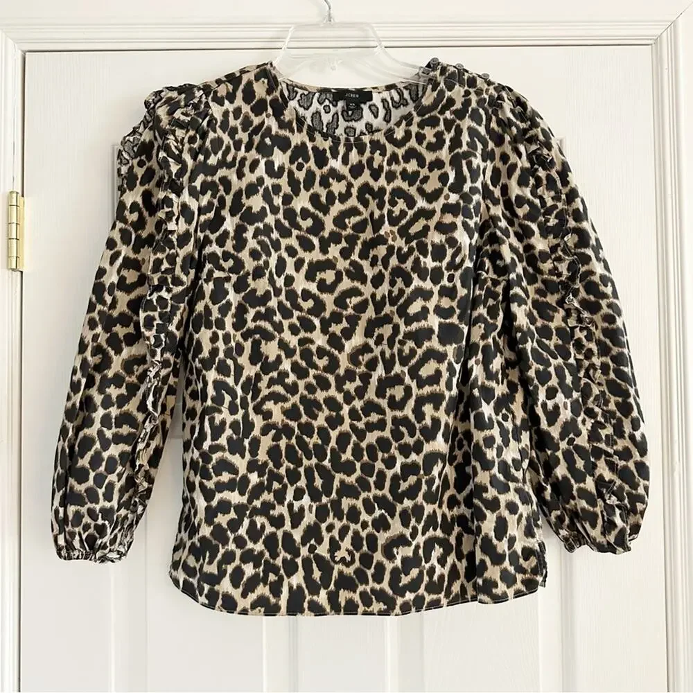 J crew Leopard Animal Print Ruffle Sleeve Top Shirt AS011 Extra Small XS Cotton